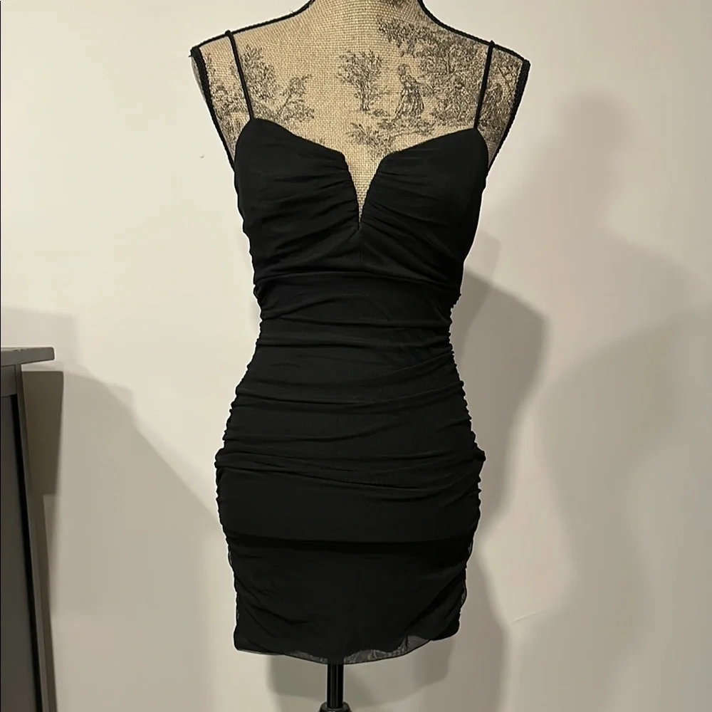 Crystal Doll Black mesh sleeveless bodycon Ruched mini Dress Size small